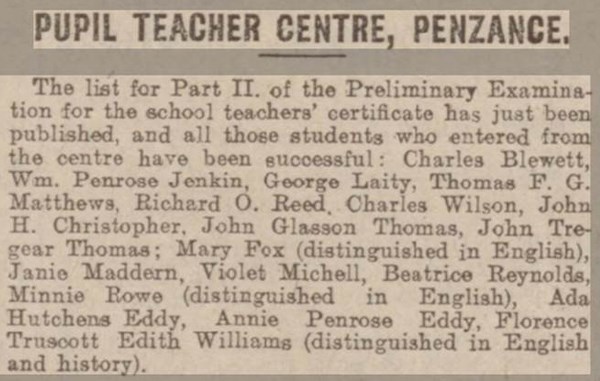 Newspaper clipping from Cornishman on 1 July 1909 showing  John Glasson Thomas passing his exams for his teaching certificate. 