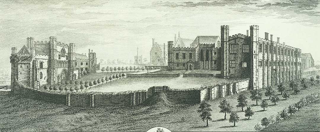 Engraving of Battle Abbey by samuel and Nathaniel Buck in 1737