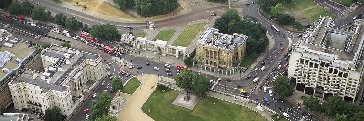 Aerial view of Apsley House (top centre), which lies opposite the Wellington Arch on Hyde Park Corner. The gates to Hyde Park can be seen next to the house
