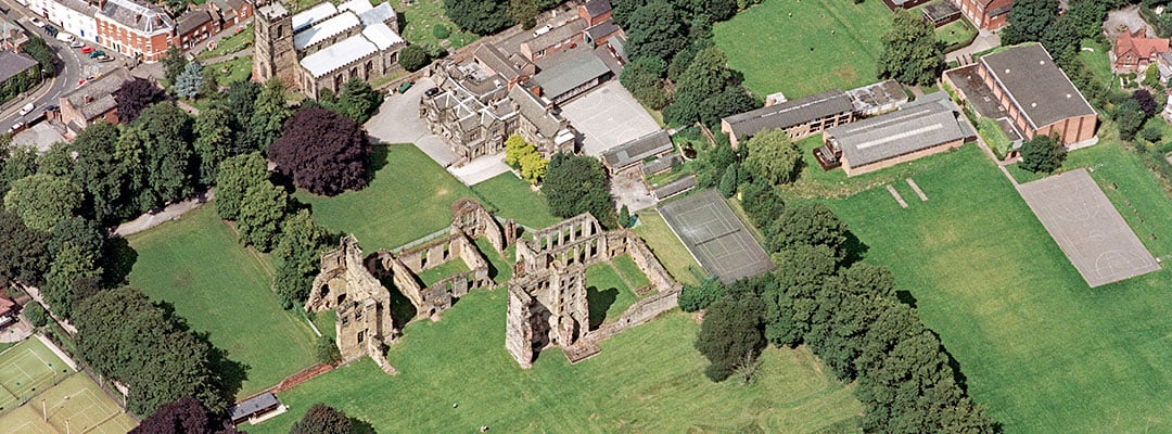 Ashby de la Zouch aerial view, sitting amidst green lawns and mature trees