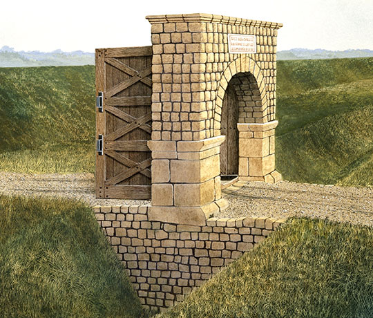 Benwell Vallum causeway reconstruction illustration showing stone built archway and wooden gate
