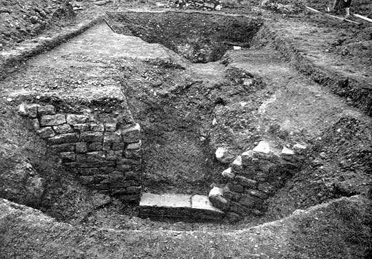 Black and white photograph of the Vallum causeway at Birdoswald seen during excavation