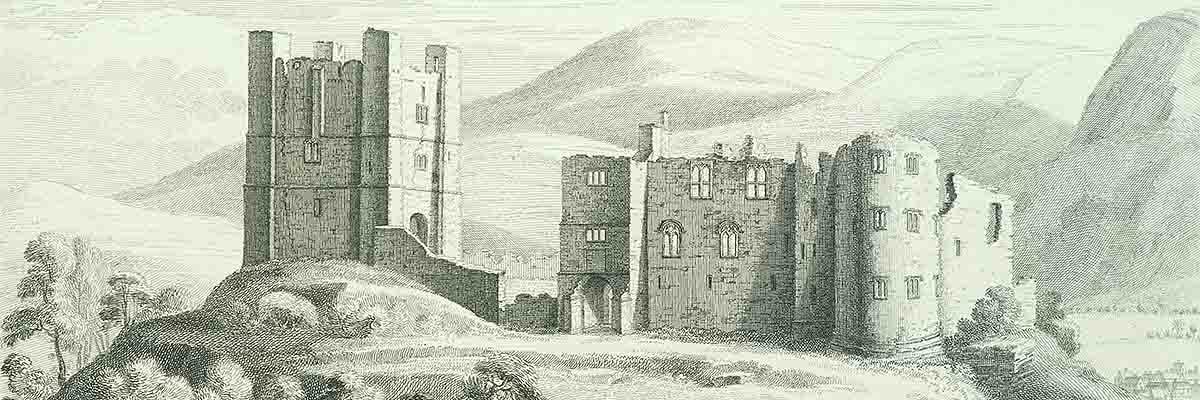 Engraving of Brough Castle in 1739 by Samuel and Nathaniel Buck in 1739. The glass and roofs have gone and the stables have disappeared but most of the walls still stand to their full height