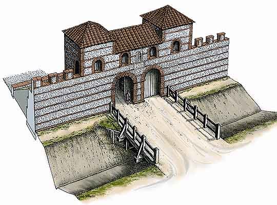 A reconstruction drawing of the south gate in the 3rd century AD
