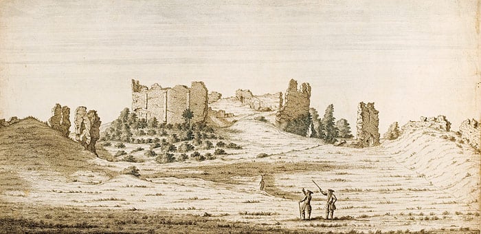 An early 18th-century tinted engraving showing the inner bailey and its defences