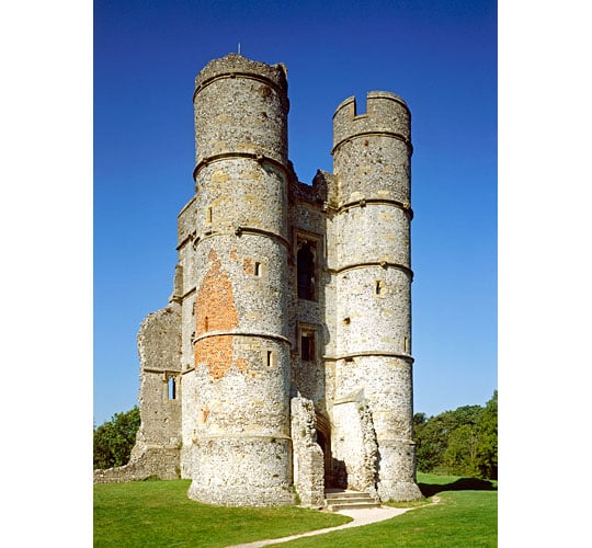 The twin round towers of the imposing gatehouse of Donnington Castle