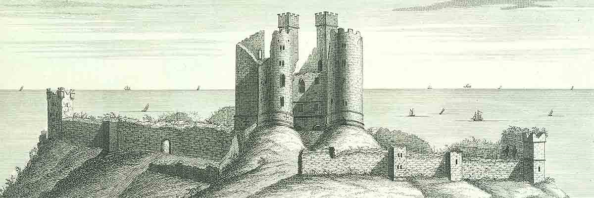 The south west view of Dunstanburgh Castle in Northumberland’ by Samuel and Nathaniel Buck, 1720. Though inaccurate in many ways, the engraving does show the west curtain wall almost intact, and is probably reliable in this respect