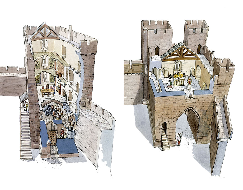 Reconstruction drawings of the tower house (left) and gatehouse (right) in the mid 14th century