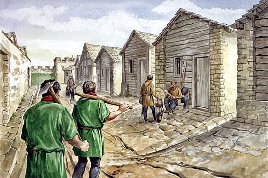 An artist's reconstruction of the barracks constructed after AD270 at Housesteads Roman Fort