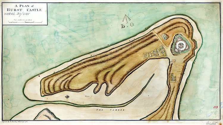 Coloured drawn plan of Hurst Spit in 1781 with small gardens located around Hurst castle