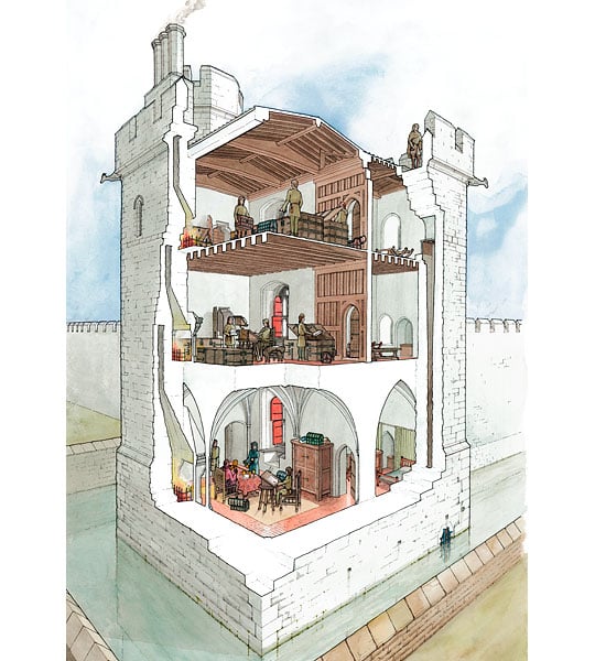 A cutaway reconstruction showing how the Jewel Tower may have looked in the late 14th century, surrounded by its moat