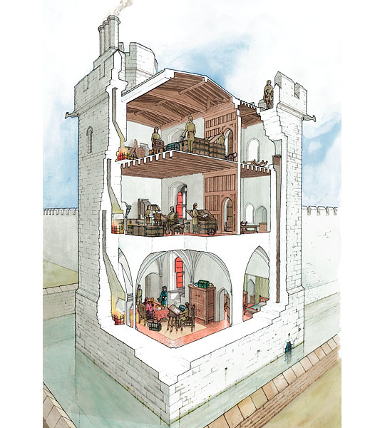 A cutaway reconstruction showing how the Jewel Tower may have looked in the late 14th century, surrounded by its moat A cutaway reconstruction showing how the Jewel Tower may have looked in the late 14th century, surrounded by its moat