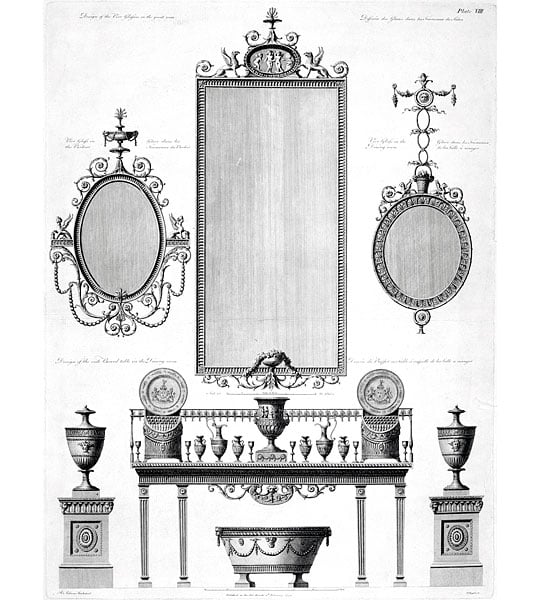 Engraving of Robert Adam's designs for furniture in the entrance hall at Kenwood