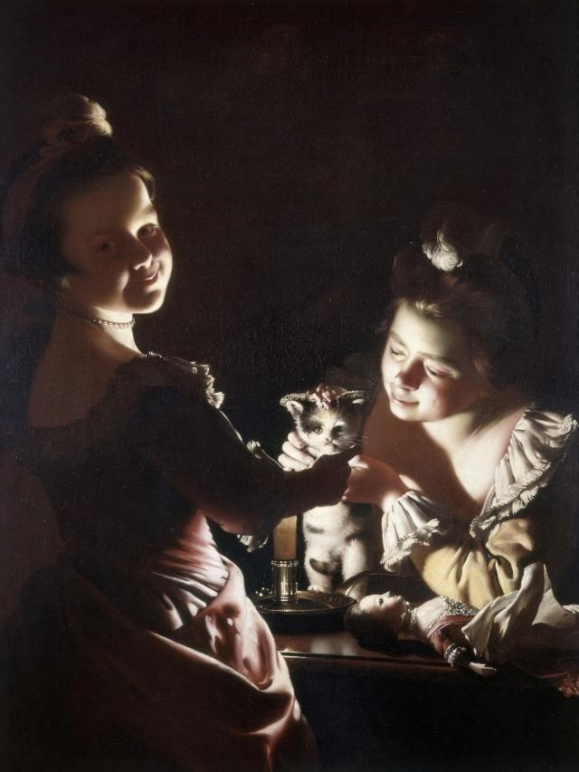 Talk on Two Girls Dressing a Kitten by Candlelight by Wright of Derby