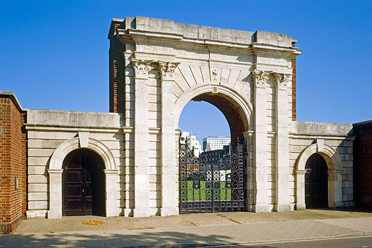 The imposing arches of King James Gate