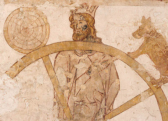This detail of the crowned figure behind the 'Wheel of the Five Senses' on the east wall of the painted room reveals the skill of the professional painters who creates the scheme at Longthorpe Tower