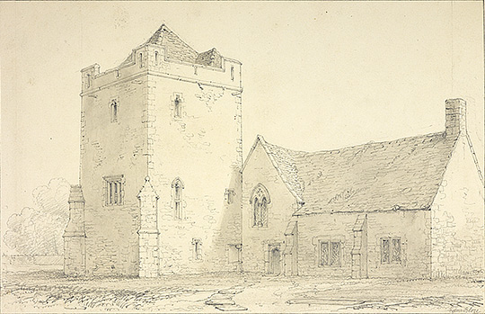 A drawing of about 1850 by the architect and antiquarian Edward Blore (1787–1879), showing Longthorpe tower and the gable end of the attached building much as they are now