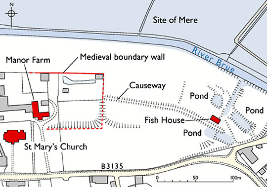 Plan map showing the position of the Fish House relative to St Mary's Church and Manor Farm