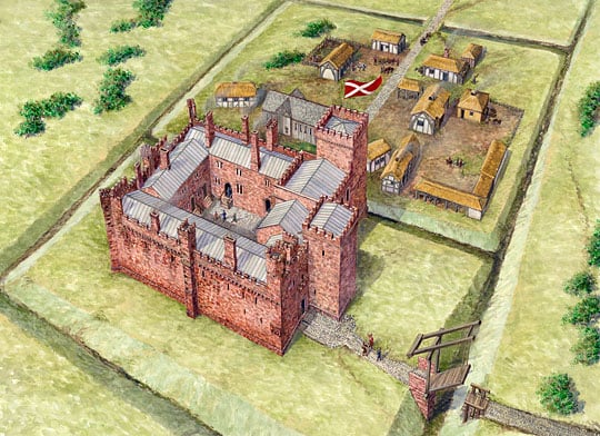 Reconstruction drawing of the castle and associated buildings