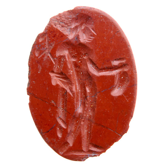 A deep-red jasper Roman intaglio excavated at Portchester Castle