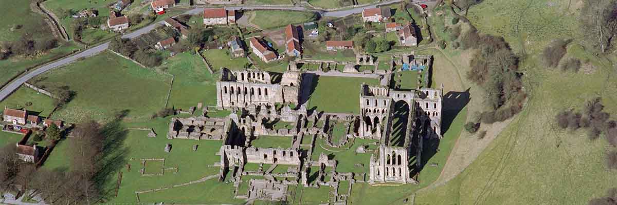 Aerial view of Rievaulx Abbey, looking west