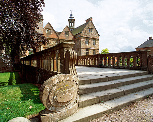 The 19th-century balustraded bridge leading to the house at Rufford Abbey