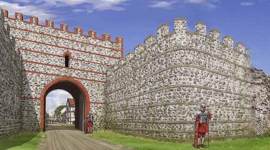 A reconstruction of the south gate at Silchester. The wall today is about 4.5 metres high, but it once stood to perhaps 7.8 metres with a wall-walk and parapet