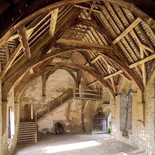 Stokesay great hall with exposed roof timbers at Stokesay Castle