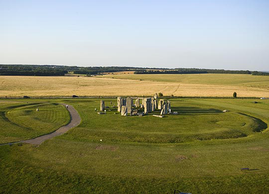 Low-level aerial photograph of Stonehenge showing the earlier circular earthwork around the stone monument