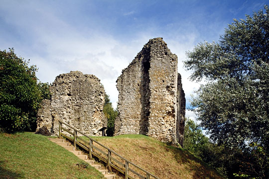 Sutton Valence Castle seen from the west, approached by modern steps leading up a low bank