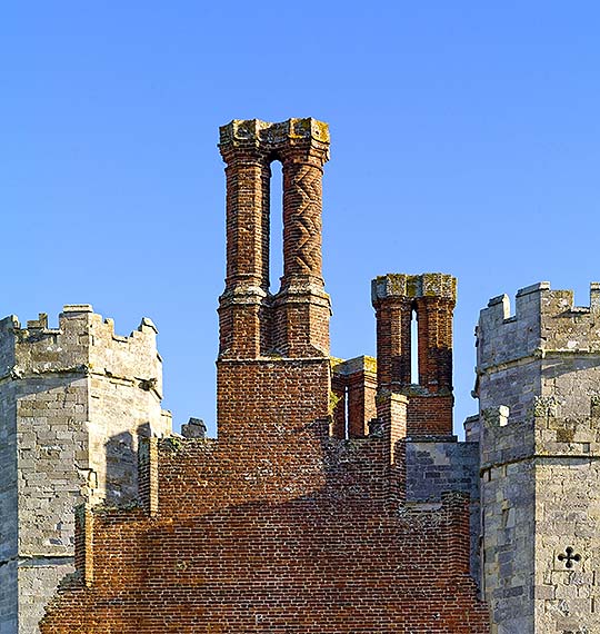 The elaborate Tudor chimneys at the west end of the gatehouse at Titchfield