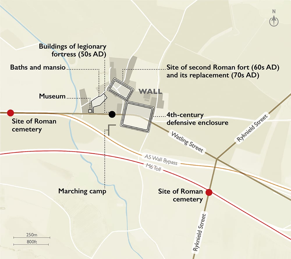 A map of Roman Wall showing its relationship to the junction of Watling Street and Ryknield Street