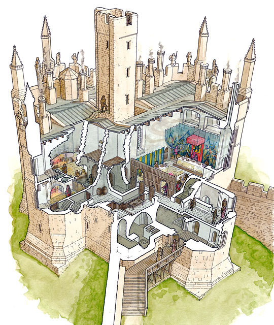 Cutaway reconstruction illustration of the great tower at Warkworth Castle and Hermitage as it may have appeared in c1480