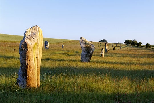 The large sarsen stones of the Avenue march northwards towards the B4003 road approcahing Avebury
