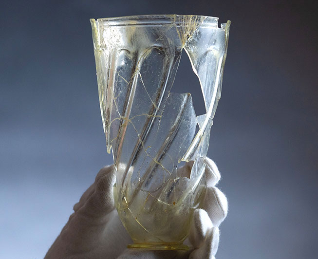 A reconstructed 2nd-century glass wine beaker, which can be seen on display at Wroxeter