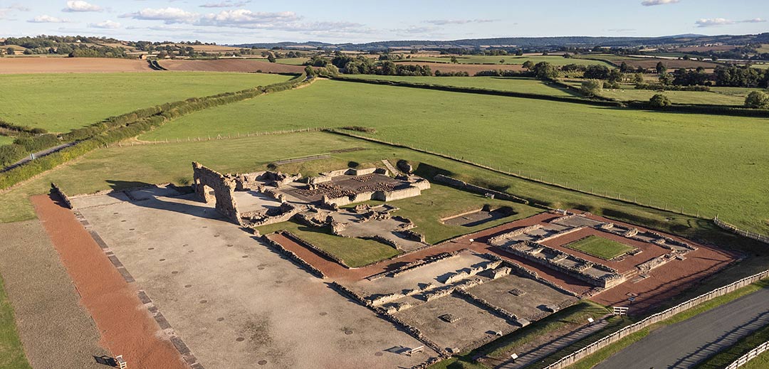 Aerial view of the remains of the public baths complex at Wroxeter Roman City, seen from the north-west