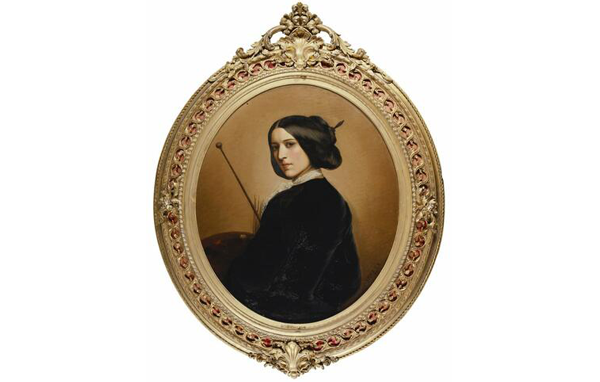 Image: an oval painting of a woman dressed in dark Victorian clothing in an ornate gold coloured frame