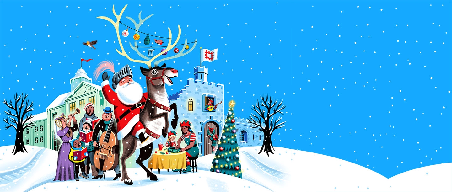 An illustration showing colourful Christmas characters