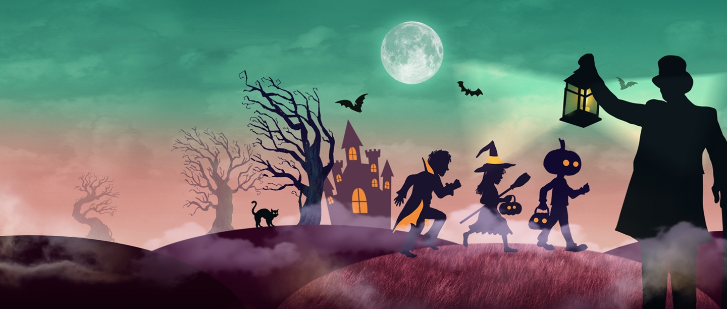 Image: Illustration of three children in a Halloween scene 