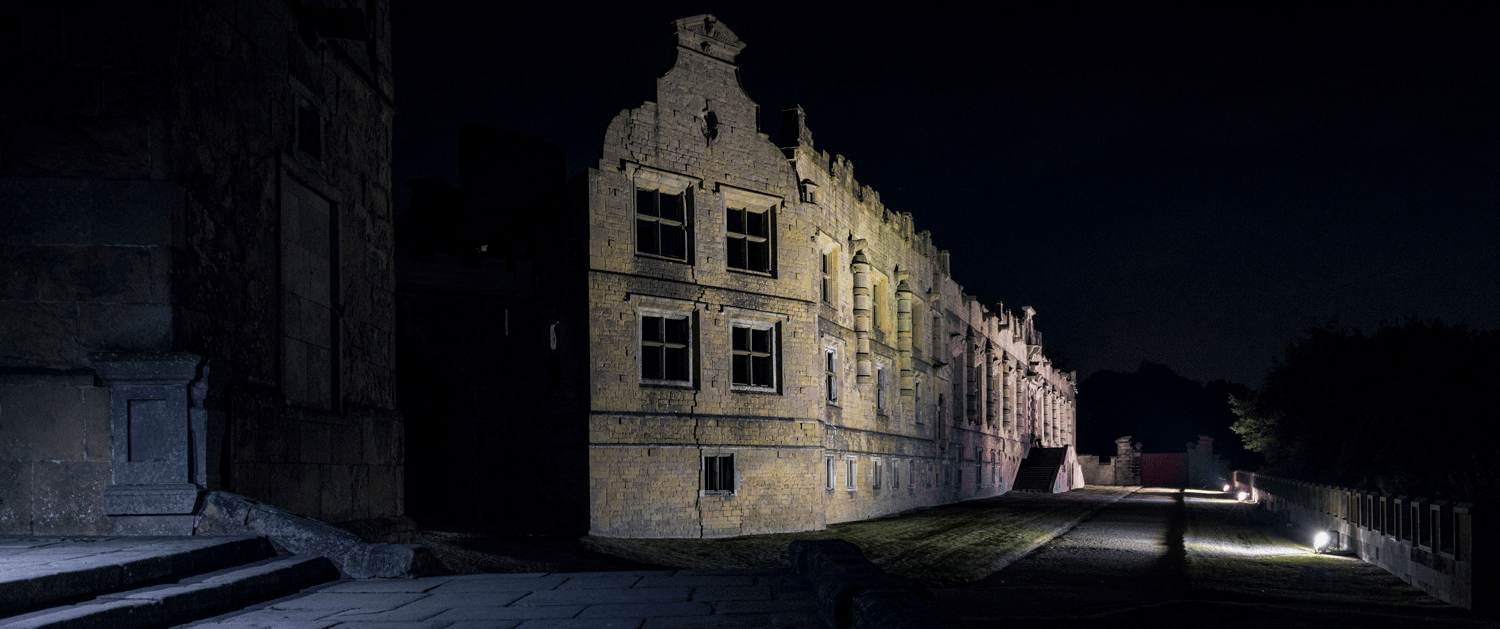 A view of Bolsover Castle after dark