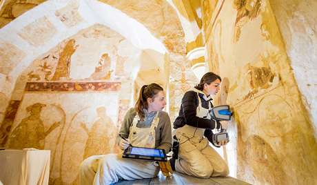 Courtauld Institute of Art students conduct a high-tech examination of the wall paintings at Longthorpe Tower, Cambridgeshire