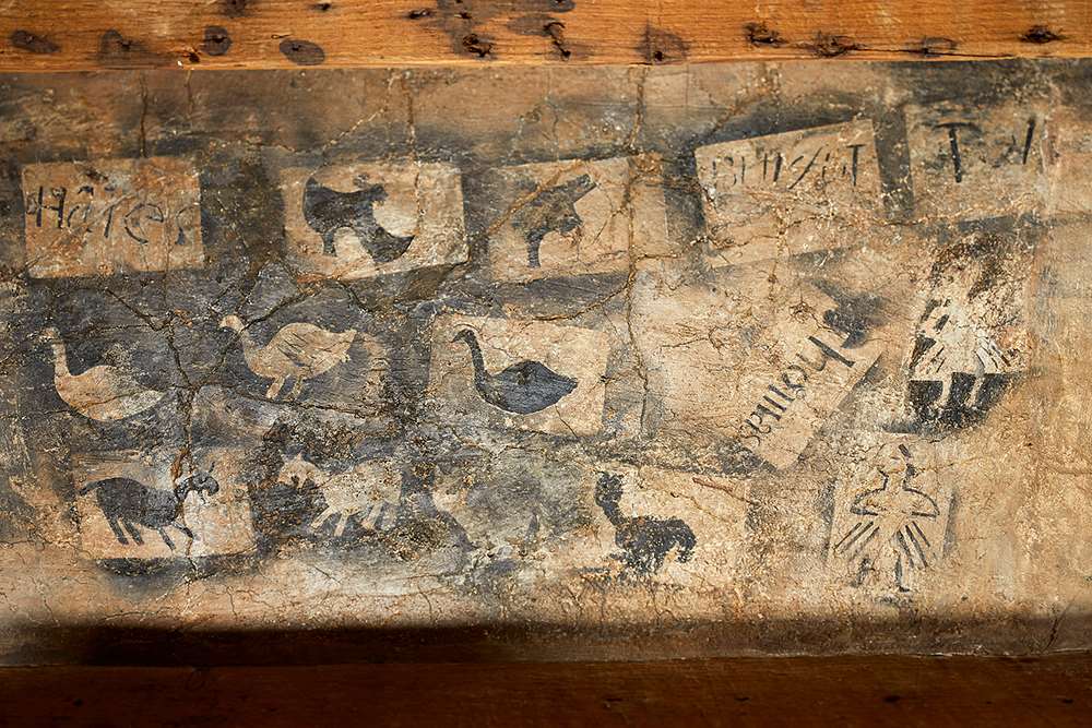 Smoke drawings from the ceiling of Berwick-Upon-Tweed Barracks, Northumberland, created by soldiers in the 18th century