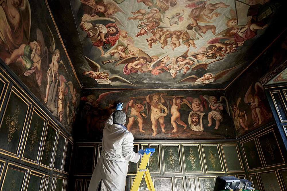 Conservation on the wall paintings inside the Little Castle at Bolsover, Derbyshire