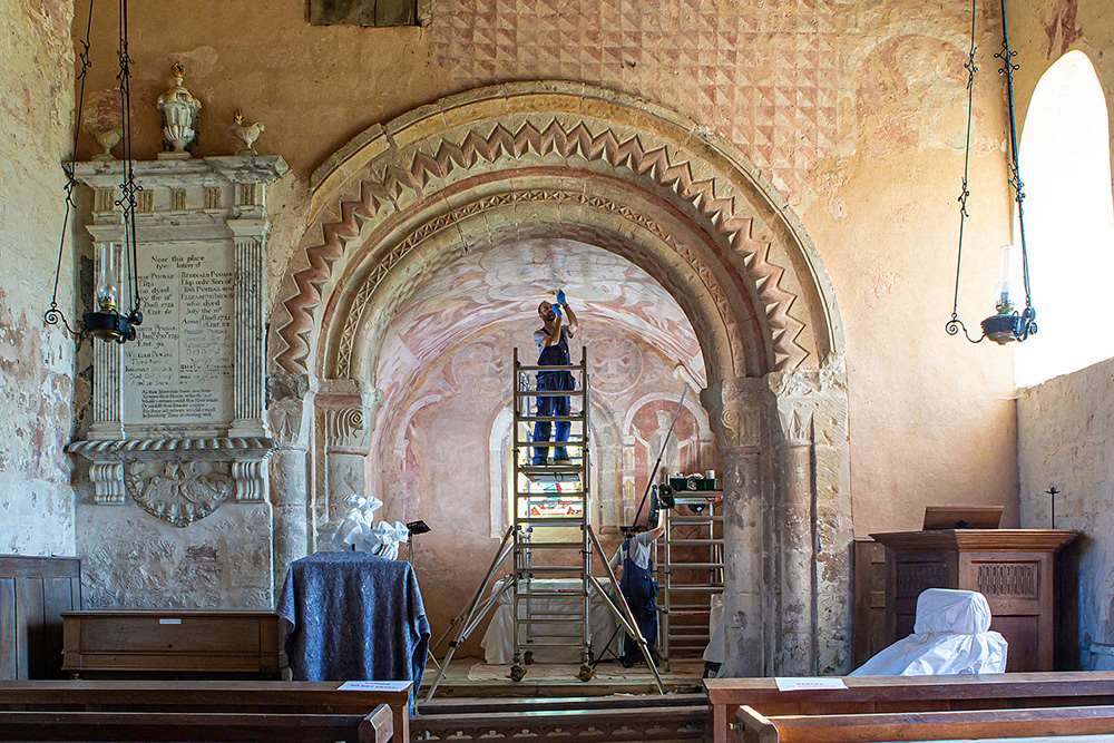 Conservation work on the chancel ceiling paintings at St Mary’s Church, Kempley in 2021 Conservation work on the chancel ceiling paintings at St Mary’s Church, Kempley in 2021