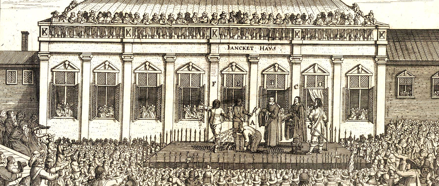 Sepia-toned illustration showing crowds gathered to watch Charles I’s execution