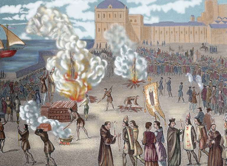Colour drawing showing people being burned in a public square as part of the Spanish Inquisition