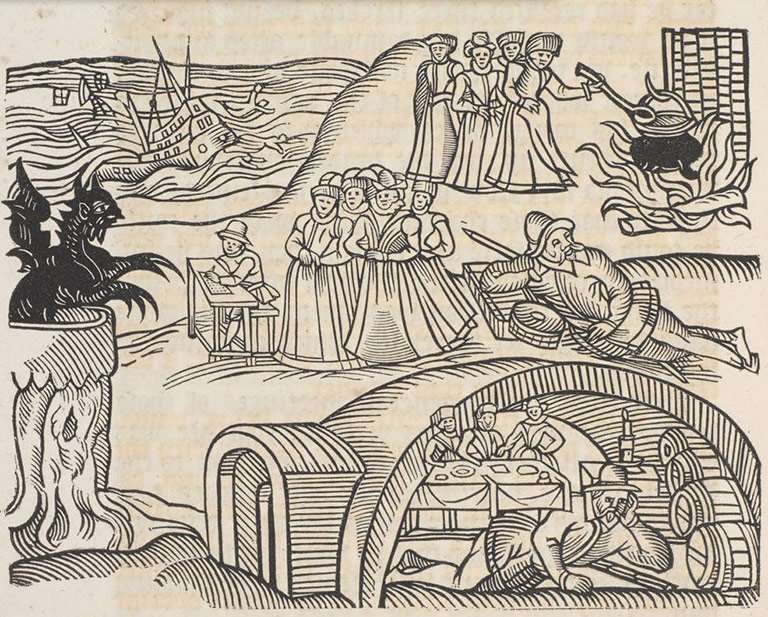 Woodcut illustration from a 1591 pamphlet showing the witches of Berwick meeting the Devil