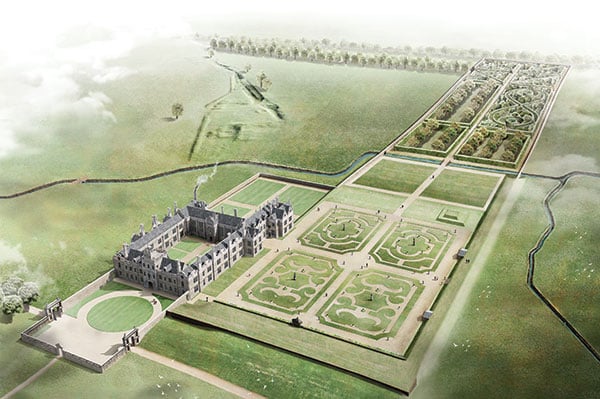 Reconstruction of how the house and garden at Kirby Hall may have looked in about 1700.
