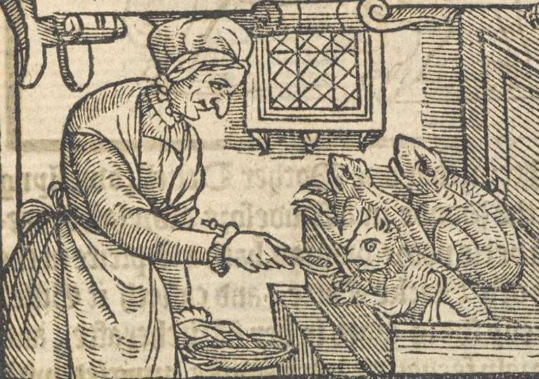 A witch feeding her familiars from a xxxx pamphlet