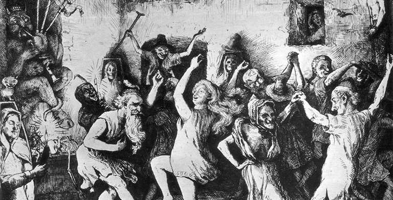 A 1650 drawing depicting a Witches' Sabbath, in which men and women dance surrounded by the dead